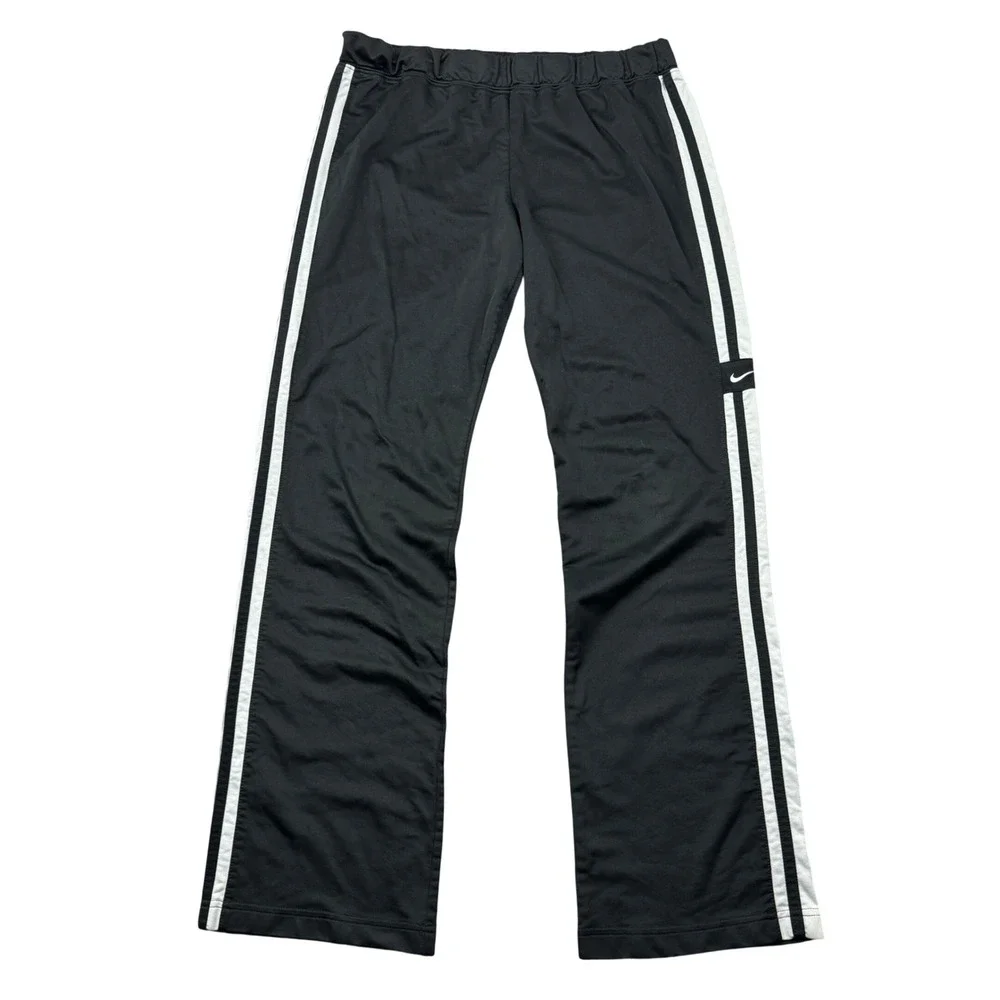 Y2K Nike Womens Large Track Sweat Pants Black White Side Stripe Straight Leg